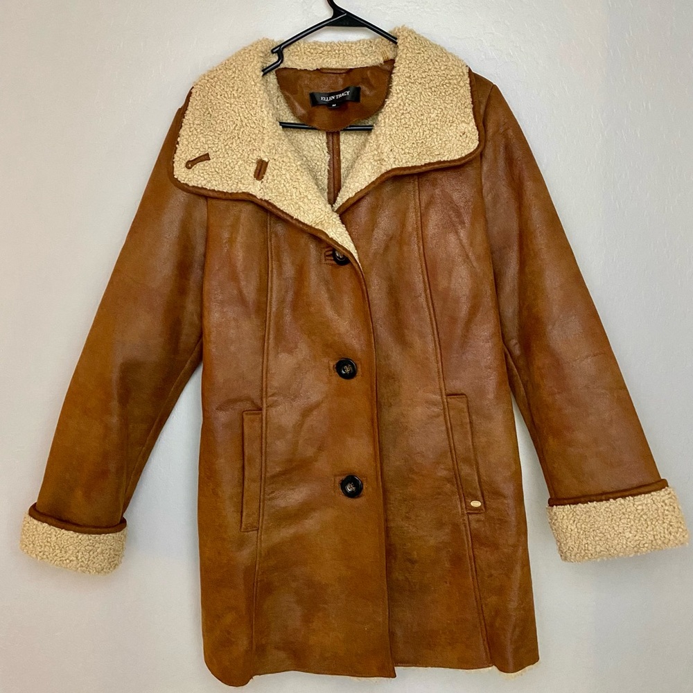 Ellen Tracy Stand Collar Washable Faux Shearling With Front Button Coat